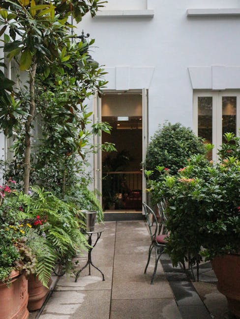 A narrow garden courtyard situated between two brick and wooden exterior walls of a building, featuring a variety of lush green plants and foliage. The garden has potted ferns, small shrubs, and climbing ivy that covers portions of the walls, creating a dense, textured backdrop. A small window with a white curtain and a wooden lattice are visible on the brick wall, with the window partially obscured by the greenery. The ground is covered with gravel, and several gardening tools and plant pots are scattered around, indicating ongoing garden maintenance. This intimate outdoor space showcases elements suitable for garden landscaping work and lawn care, with a focus on lush plant growth and compact layout, typical of London's private courtyards. Gardeners Chelsea specializes in maintaining and enhancing such narrow Chelsea courtyards, combining planting and outdoor care to optimize small urban outdoor areas.